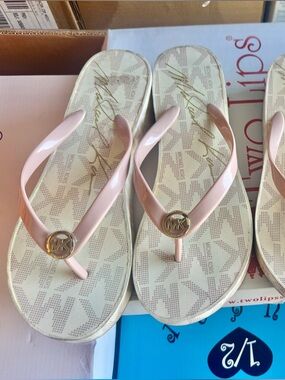 Michael Kors Pink Gold MK Logo Flip Flops